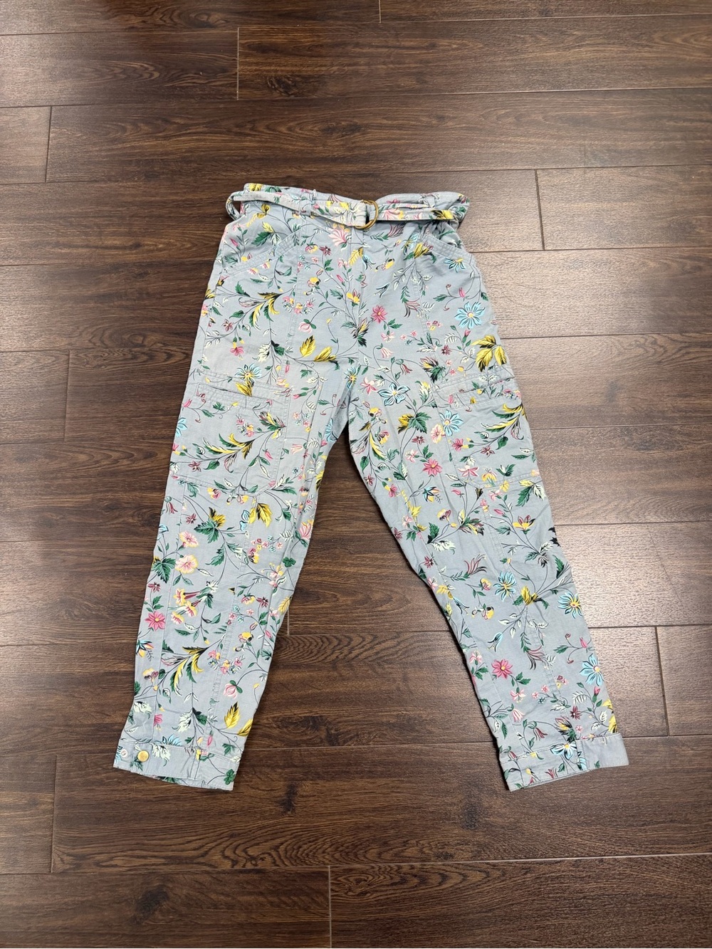 Anthropologie Floral Belted Utility Pants / Cargo Trousers – Light Blue / Sage